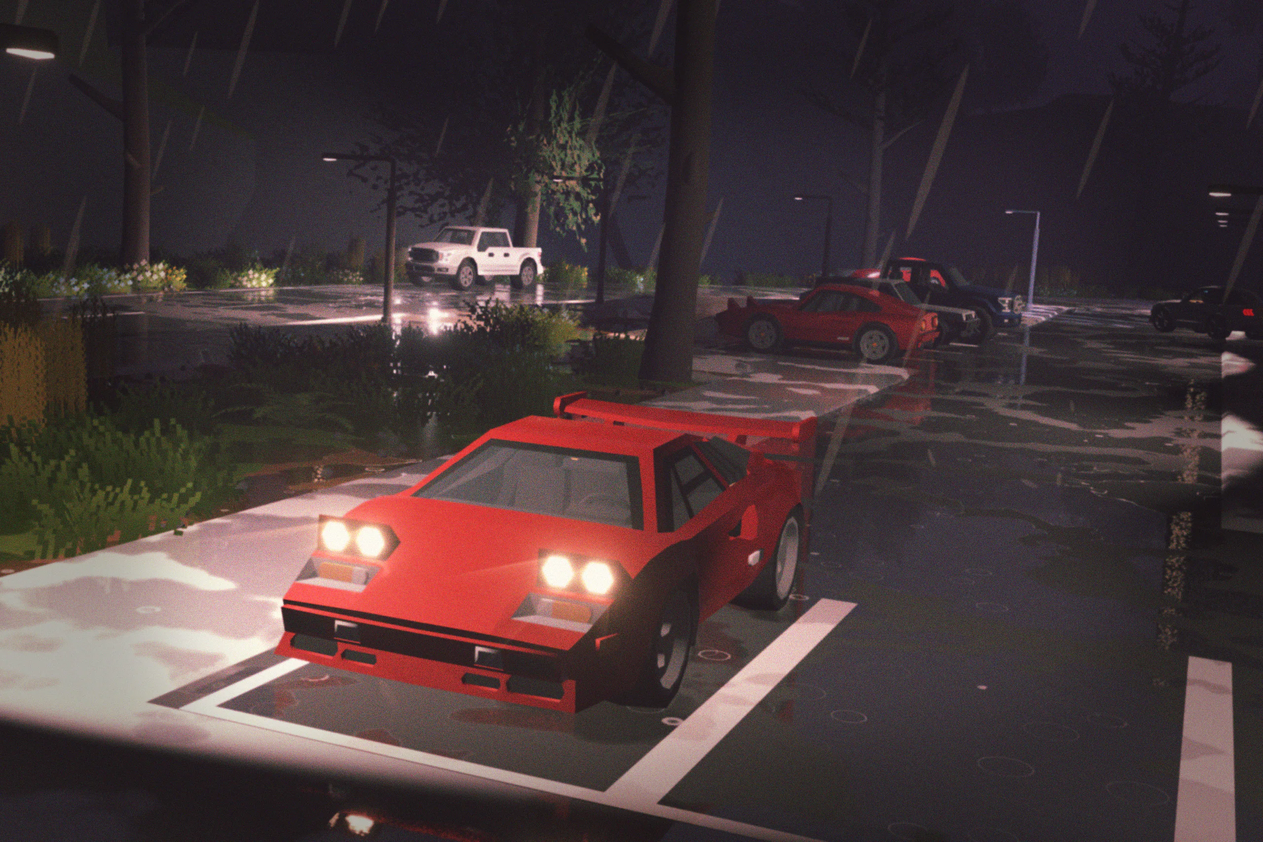 Rainy night lot, alternate take: the red wedge sports car parked on wet pavement