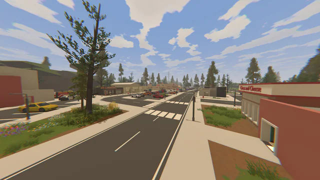 Daytime strip-mall street with a crosswalk and parked cars in front of storefronts