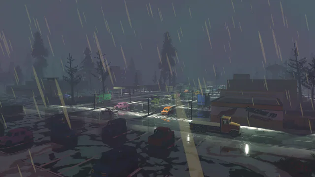 Rainy night downtown street with wet, reflective pavement under streetlights