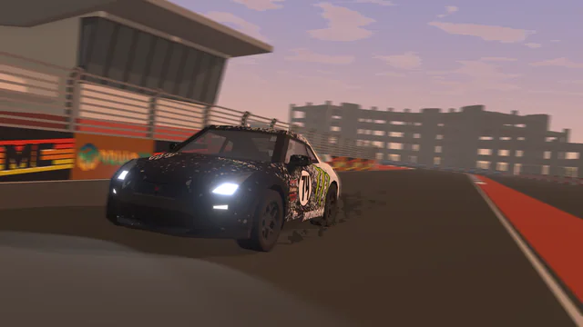 Liveried race car parked on the pit apron in front of grandstands on a sunny day