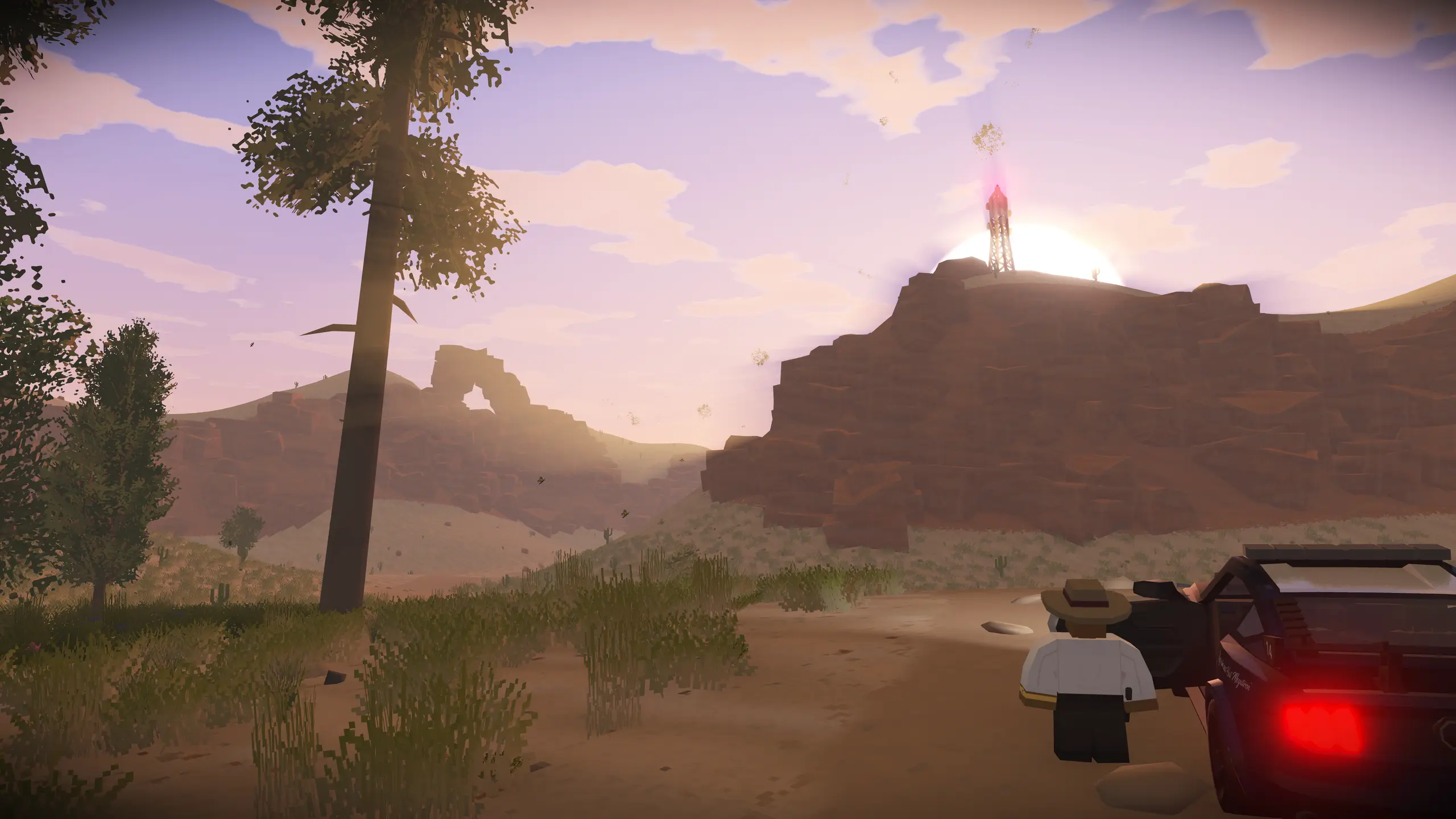 Sunset canyon overlook: a figure stands on a rock ledge above a police car in the desert below