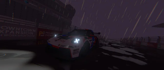 Night street race: a liveried sports car cornering on a wet track under floodlights