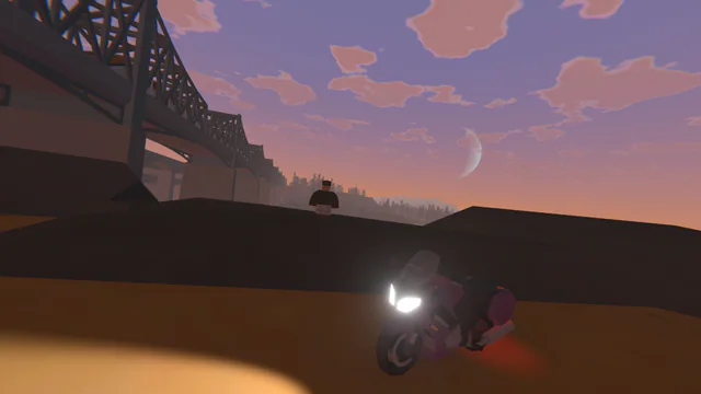 Dusk view from a bridge over a river, a distant motorcyclist riding under a warm sky