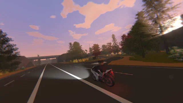 Sunset street ride: a motorcyclist heading down a tree-lined road under a pink sky