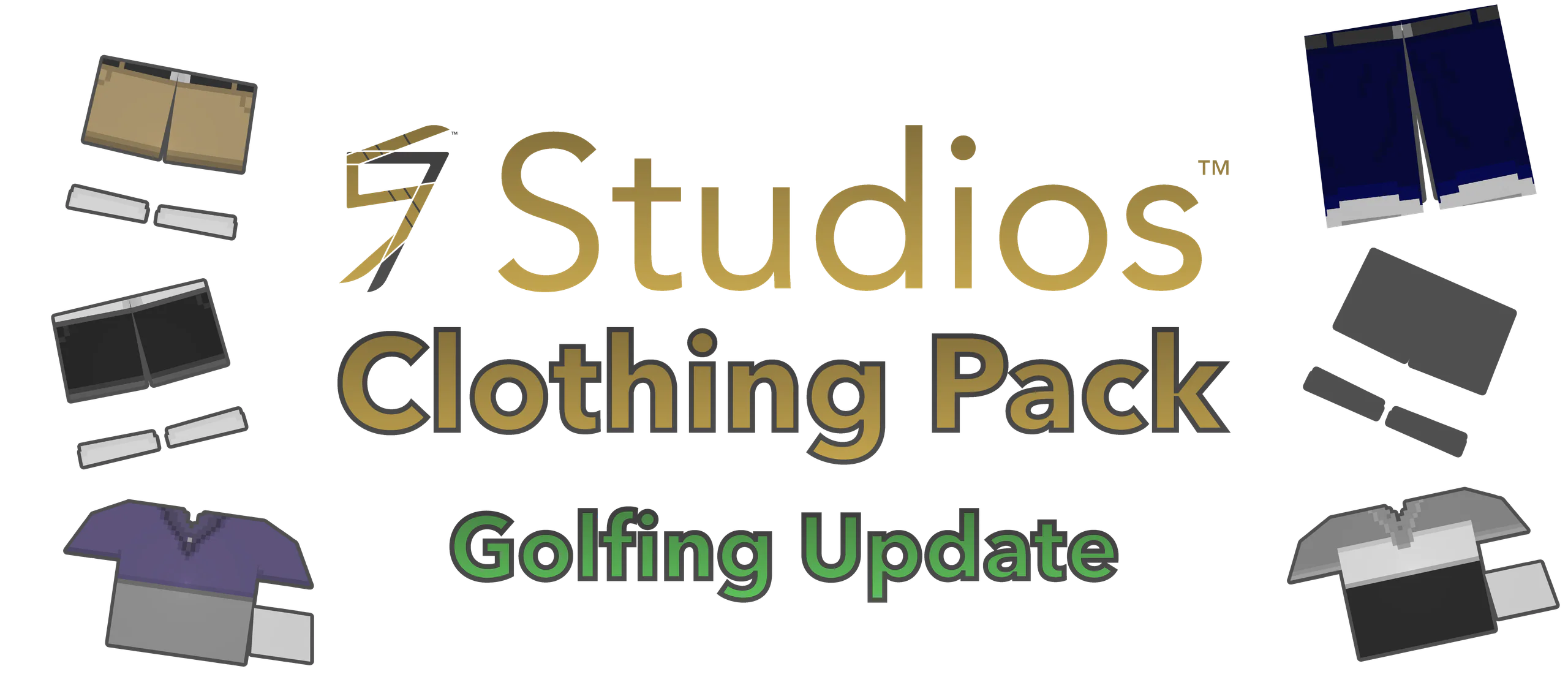 Clothing Pack Golfing Update banner: polos, shorts and sweats around the wordmark