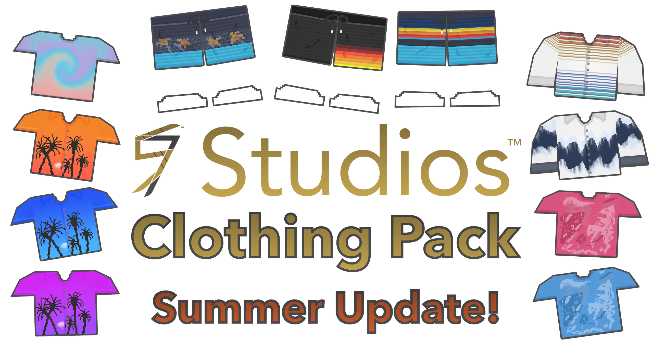 Clothing Pack Summer Update banner: boardshorts and printed shirts