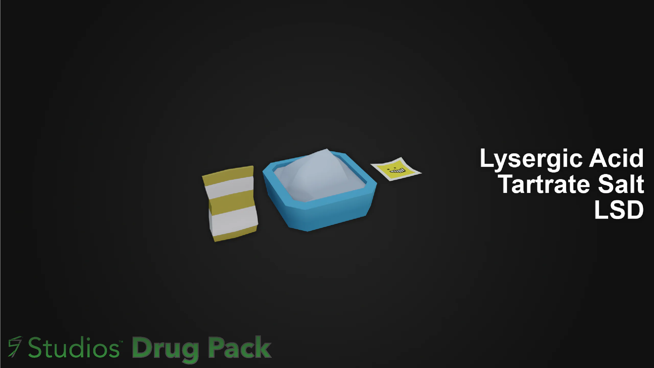 Drug Pack 1.1.0 render: the update's items on a dark plate