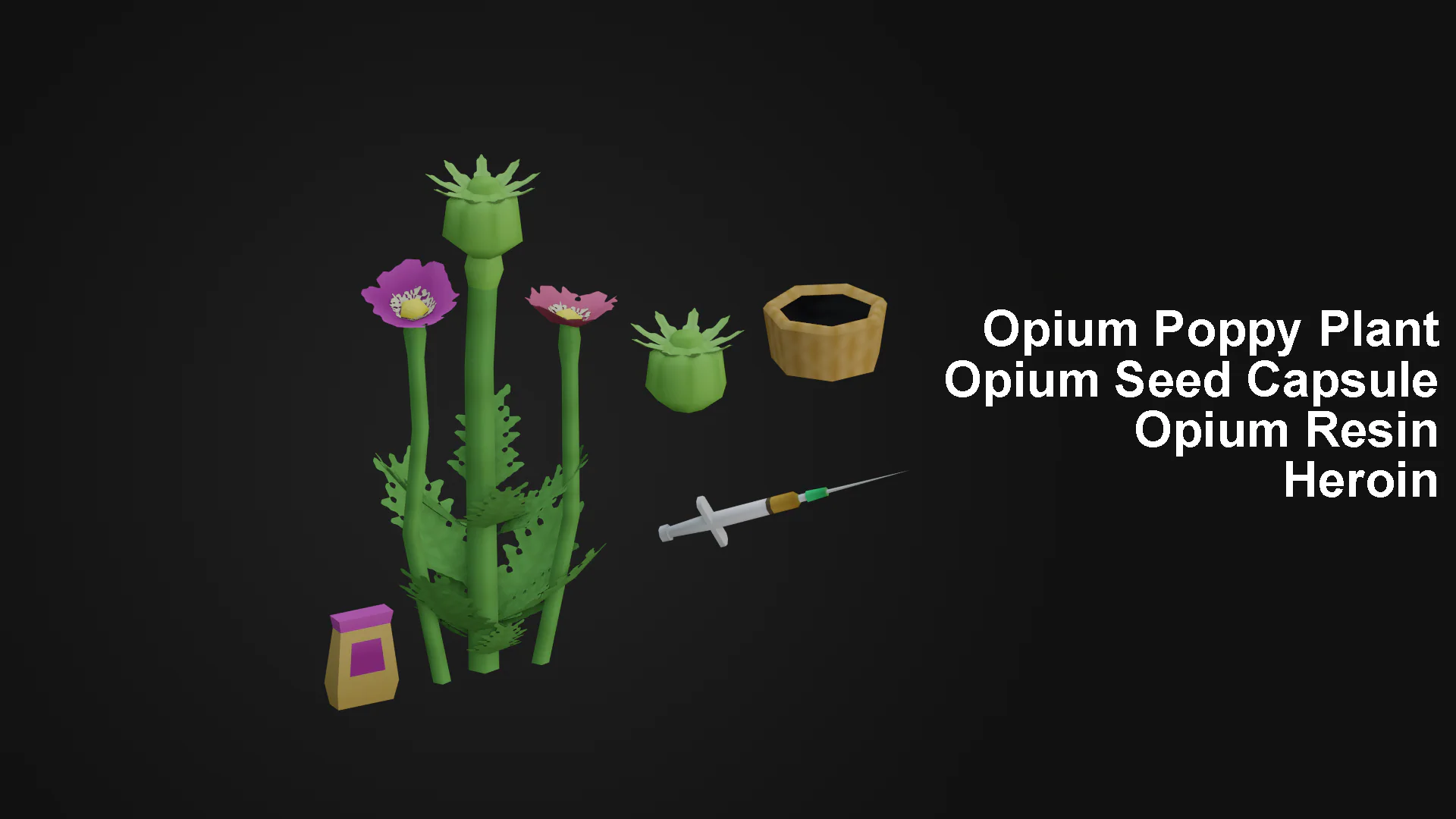 Drug Pack 1.2.0 render: the opium poppy plant, seed capsule, resin and syringe