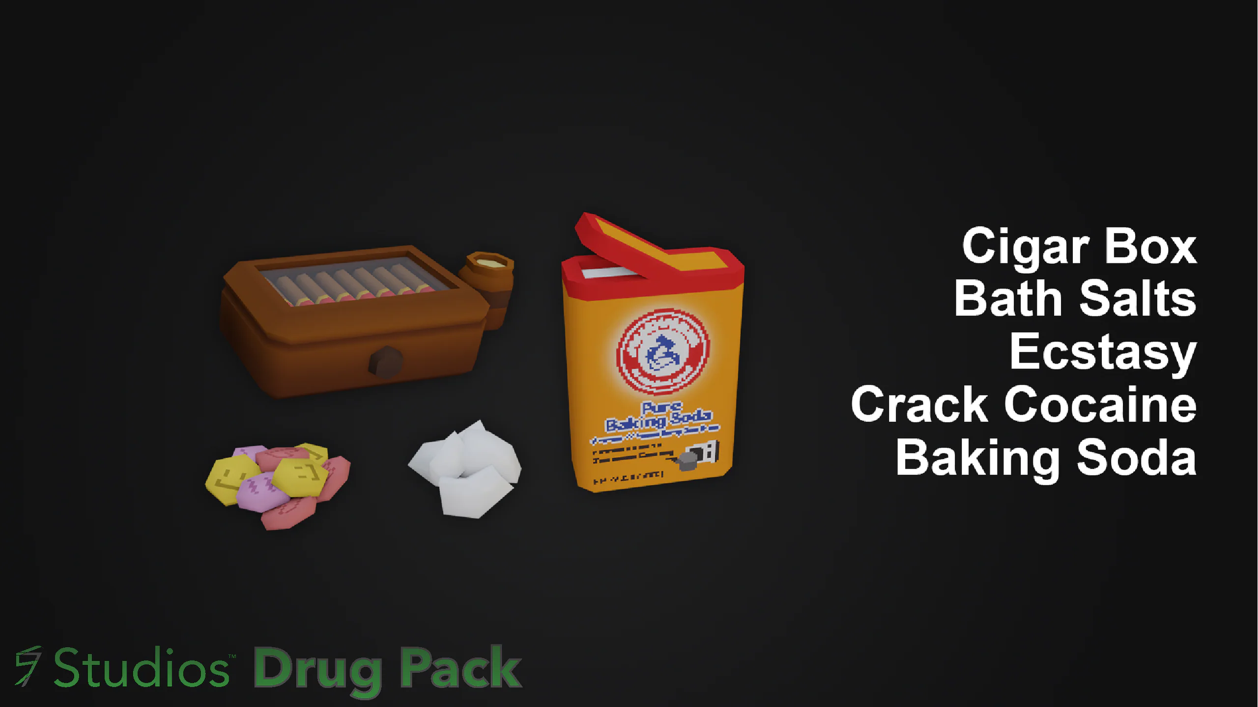 Drug Pack 1.3.0 render: the update's items on a dark plate