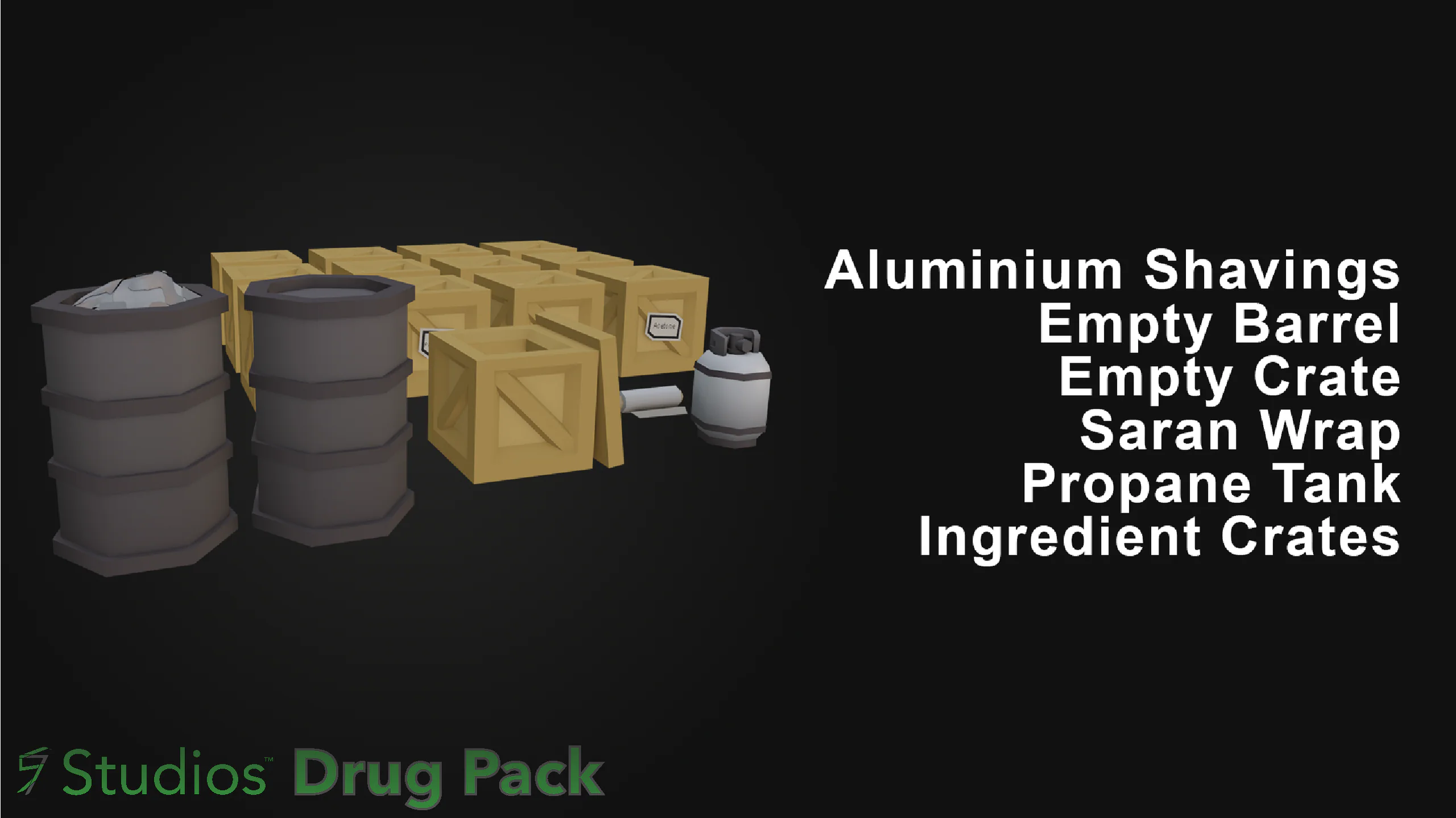 Drug Pack Storage Update render: barrels, crates and a propane tank
