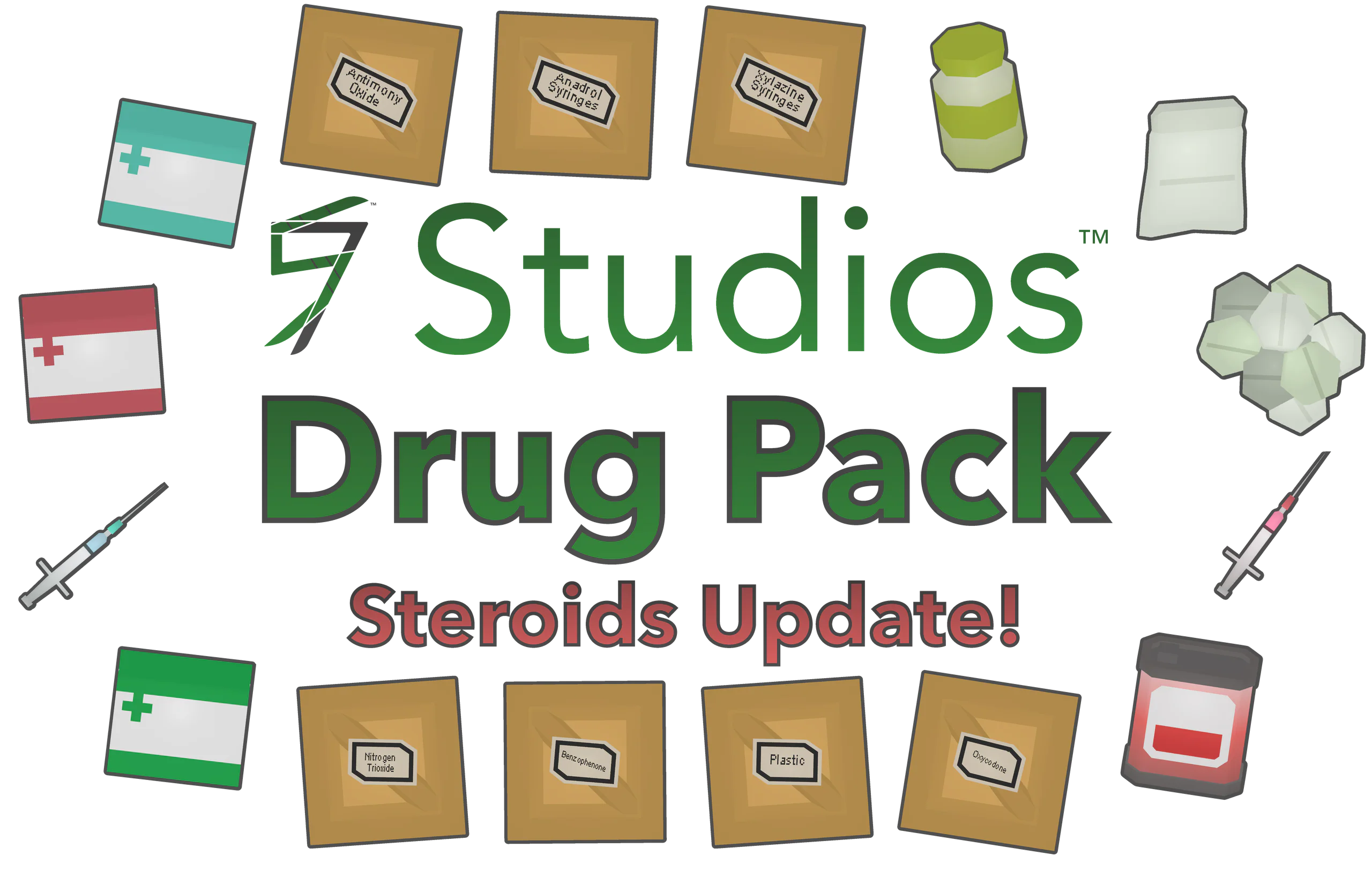 Drug Pack Steroids Update banner: syringes, boxes and crates
