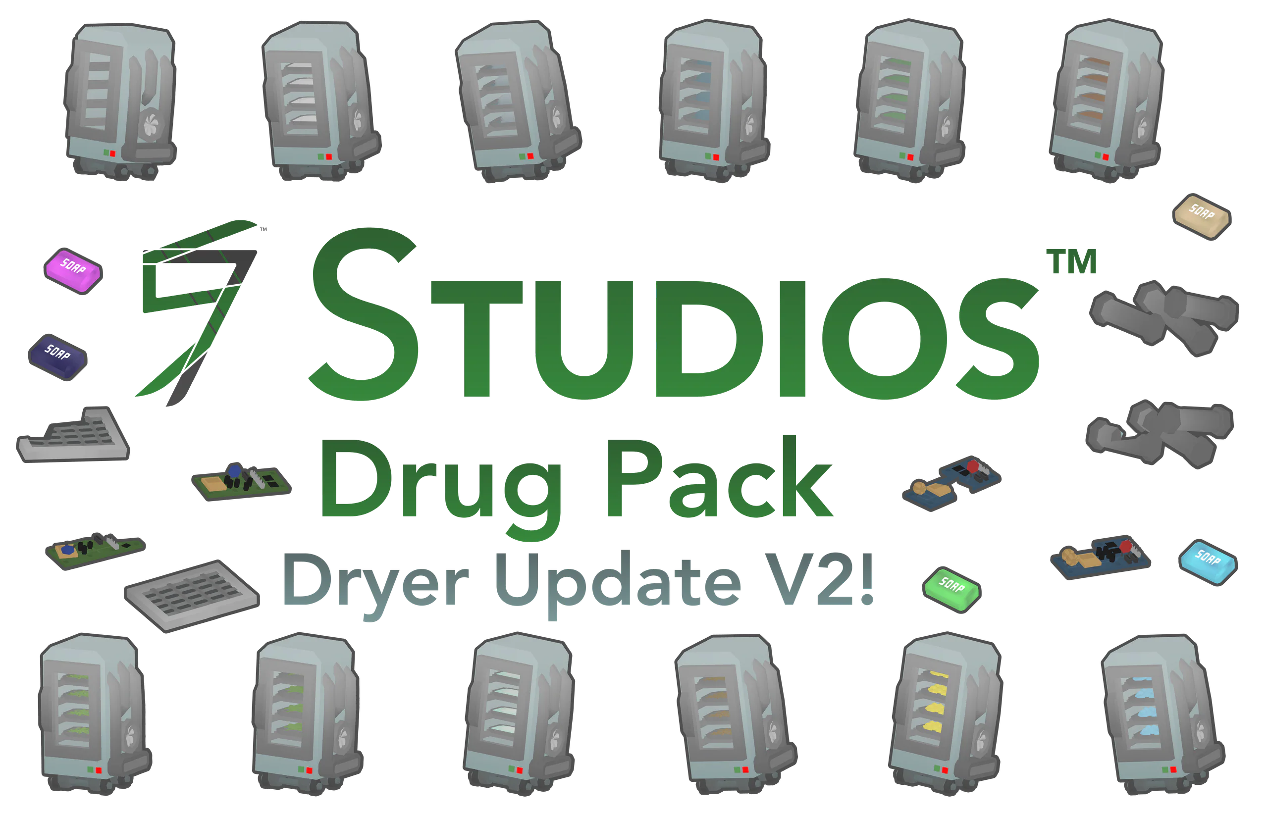 Drug Pack Dryer Update V2 banner: the pack's dryers laid out under the update title