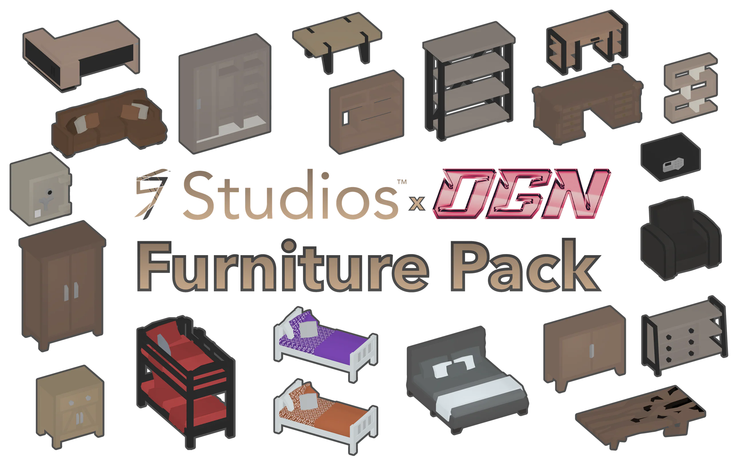 Furniture Pack release banner: the furniture set around the 57 Studios and OGN lockup