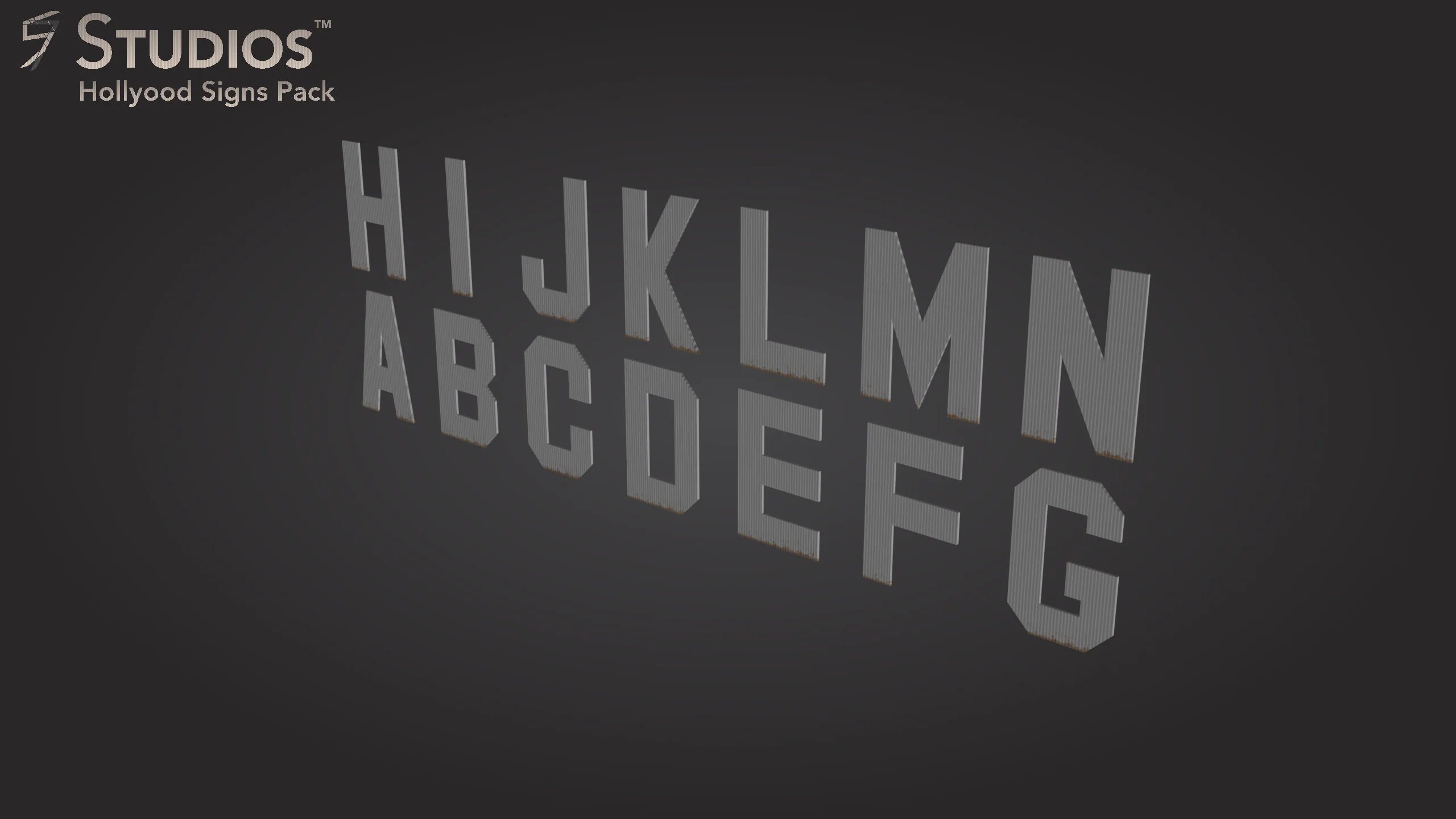 Hollywood Signs Pack showcase: the corrugated letters standing in two rows on a dark backdrop