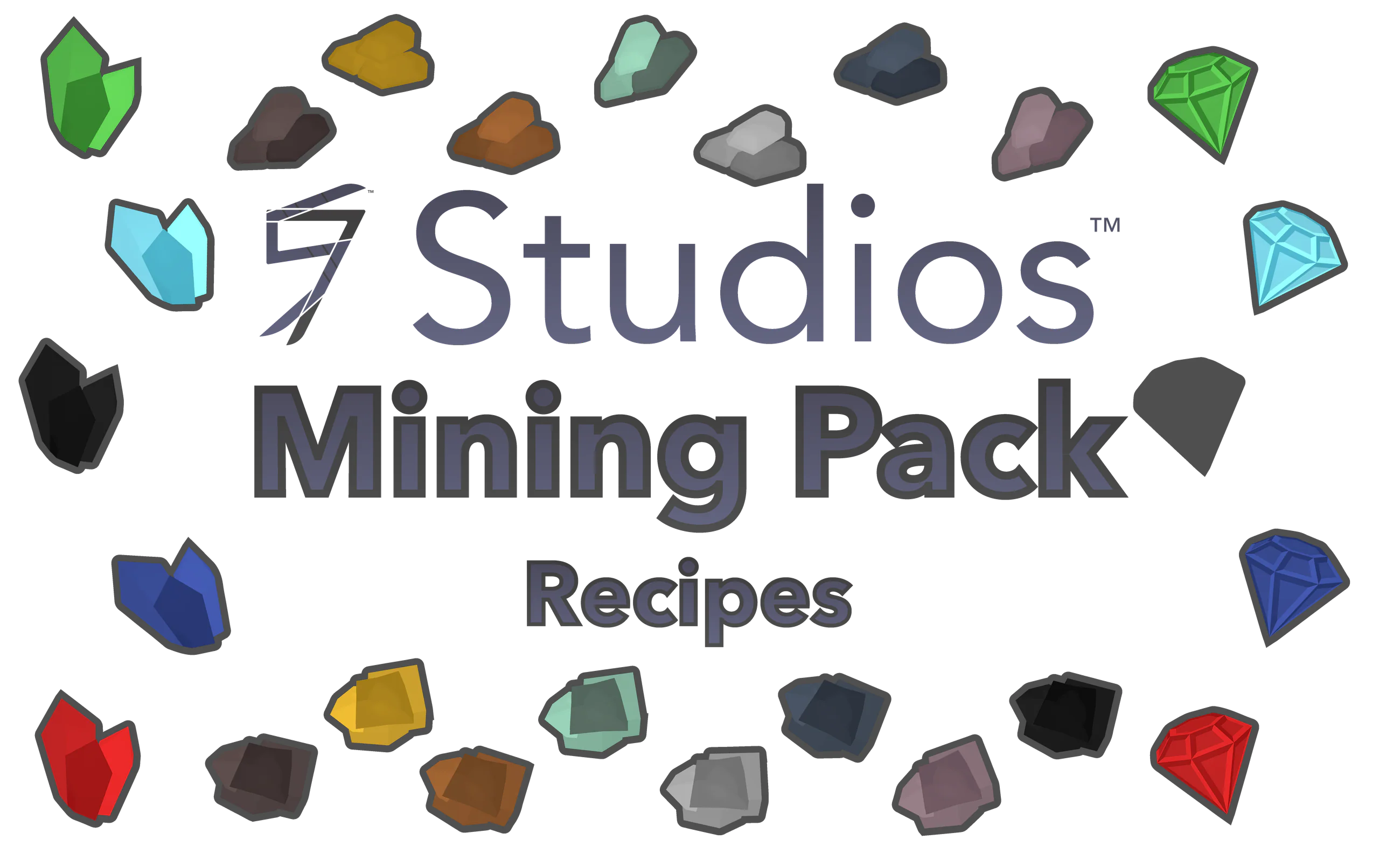 Mining Pack Recipes banner: ore and bar icons around the wordmark