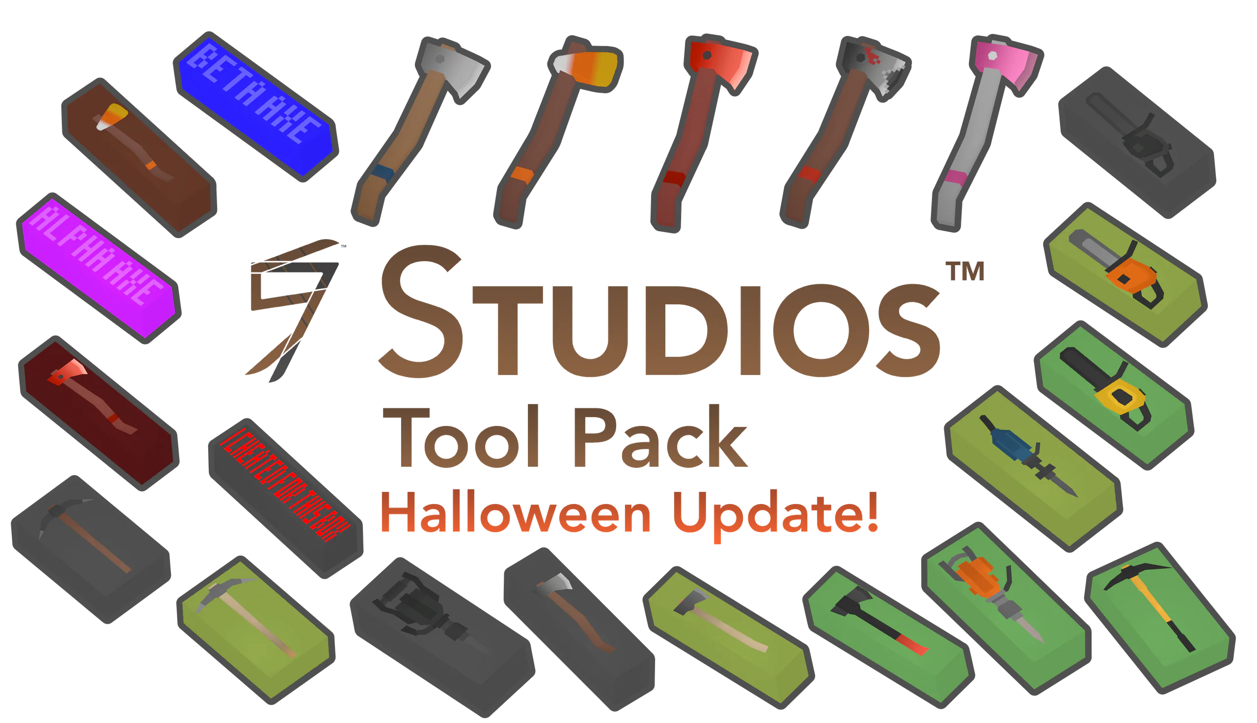 Tool Pack Halloween Update banner: the new axes, picks and tool boxes around the wordmark