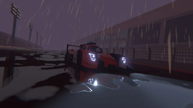 Rainy night pit lane: a race car's headlights glow under stadium lighting